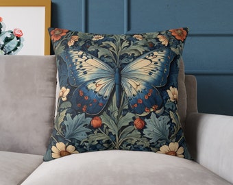 William Morris Inspired Butterfly Pillow | Double Sided Square Poly Canvas Pillow | Vintage Throw Pillow