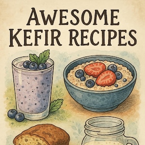 Könnte beinhalten: Eine Aquarell-Illustration verschiedener Kefir-Rezepte, darunter ein Glas mit einem Kefir-Smoothie mit Blaubeeren, eine Schüssel mit Kefir-Haferflocken mit Blaubeeren und Erdbeeren, ein Kefir-Brot, ein Glas mit Kefir-Milch und ein Löffel mit Kefir-Körnern. Das Bild enthält auch den Text "AWESOME KEFIR RECIPES" und ein Logo für "EVERYTHING FERMENTED".