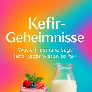 May include: A glass jar filled with a pink smoothie topped with fresh berries and mint. A glass bottle of milk sits next to the smoothie jar. The background is a colourful gradient of pink, orange, yellow, green, and blue. The text "Kefir-Geheimnisse" is written in white on the background. The text "Was dir niemand sagt (aber jeder wissen sollte)" is written in white below the title.