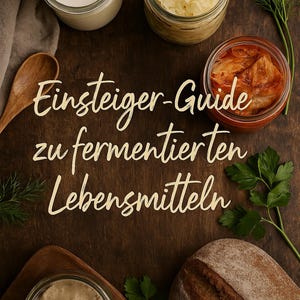 May include: A wooden table with various fermented foods in glass jars, including sauerkraut, kimchi, and a creamy spread. The jars are surrounded by fresh herbs and a wooden spoon. The text "Einsteiger-Guide zu fermentierten Lebensmitteln" is written in white on the table. The text "EverythingFermented" is written in white at the bottom of the image.