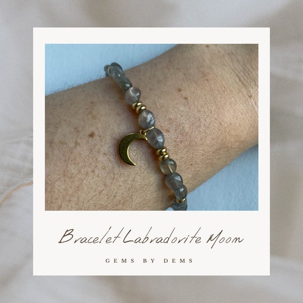Bracelet labradorite gemstones with golden Moon charm - handmade