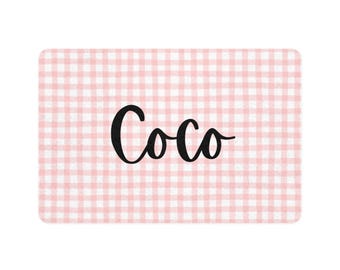 Pink Gingham Personalized Pet Food Mat, Custom Dog Name Placemat, Waterproof Cat Feeding Mat, Pet Bowl Mat, Animal Lover Gift