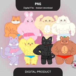 Puede incluir: Una ilustración digital de ocho animales de dibujos animados con cuerpos musculosos. Los animales son un gato, un conejito, un perro, un oso, un pollo, un gato, un perro y un gato. Los animales llevan todos trajes de baño de diferentes colores. La ilustración está en un estilo de dibujos animados y es perfecta para usar como una pegatina o clipart.