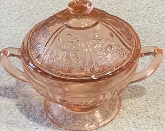 Federal Glass Sharon Cabbage Rose Pink Sugar Bowl with lid