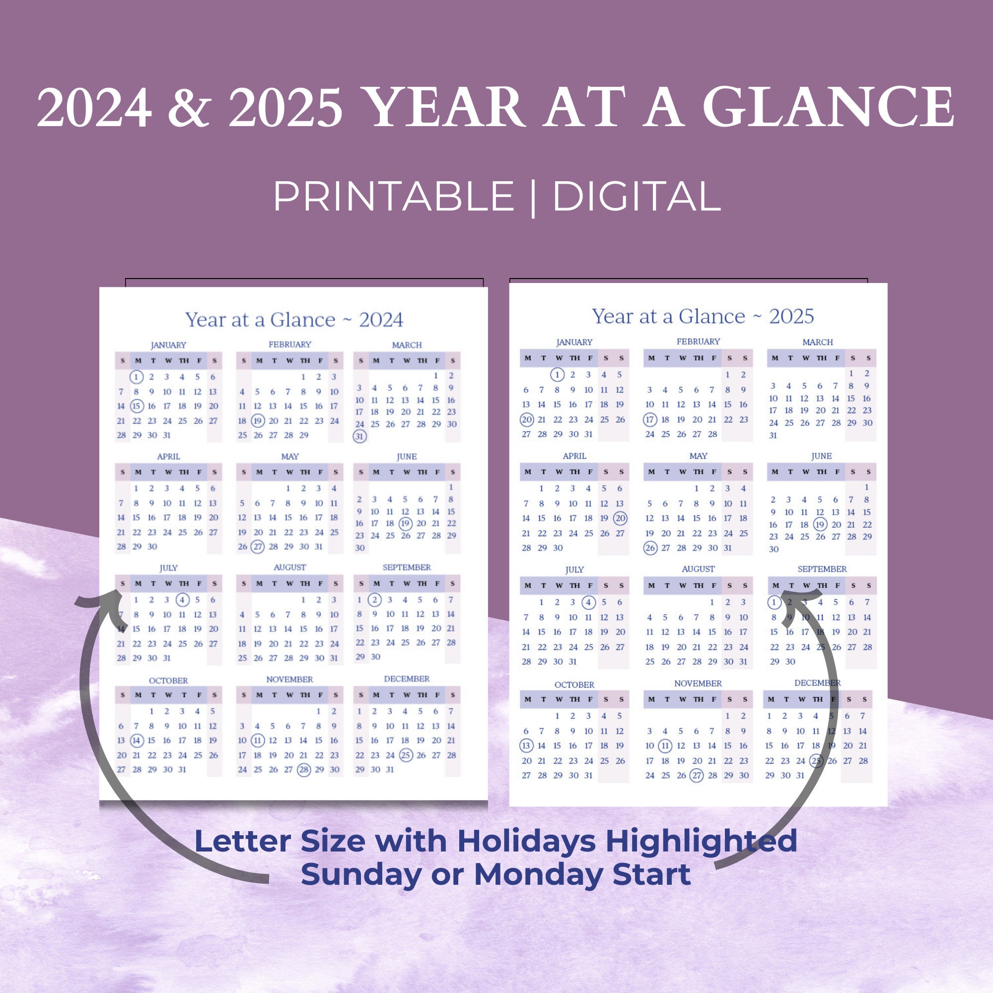 2024 and 2025 Digital Printable PDF Calendar 2024 and 2025 Editable
