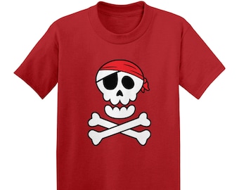 Pirate Skull & Crossbones - Kids Cotton T-Shirt - Buccaneer Ship Swords Black Beard Treasure Chest Adventure Sailor Ahoy Matey