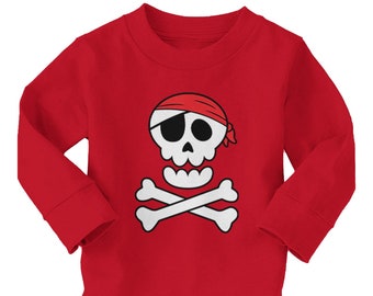 Tête de mort de pirate et os croisés - T-shirt en coton à manches longues pour enfant - Boucanier, Épées de bateau, Barbe noire, coffre au trésor Aventure Sailor Ahoy Matey