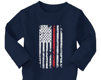 Bandera estadounidense de línea roja desgastada - Camiseta de algodón de manga larga para niños - Bomberos Héroes Valientes respondedores de emergencia EE. UU.