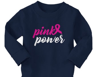 Pink Power - Kids Long Sleeve Cotton T-Shirt - Breast Cancer Awareness Month Strong Courage Brave Survivor Powerful Inspiring Wear Pink