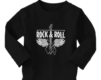 Rock n' Roll - T-shirt in cotone a maniche lunghe per bambini - Chitarra hard rock classica vecchia scuola con ali Concerto del tour musicale Concerto della band preferita