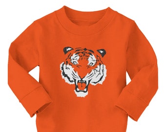 Cara de tigre - Camiseta de algodón de manga larga para niños - Gato de la selva Espíritu favorito feroz Garras de animales rugido Año del equipo de fútbol Bengala