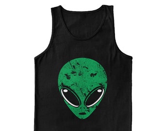 Distressed Alien Head - Men's Tank Top Graphic Novelty Tee - UFO Extra Terrestrial Martian Visitor Probe I Believe They Exist Real Space