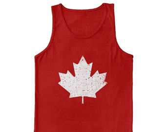 May include: Red tank top with a white distressed Canadian maple leaf design.