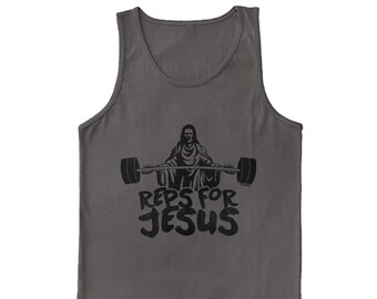 May include: A grey tank top with a black graphic of Jesus lifting a barbell with the text "Reps for Jesus".