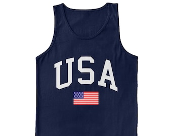 May include: A navy blue tank top with the word "USA" in white letters and a small American flag below it.