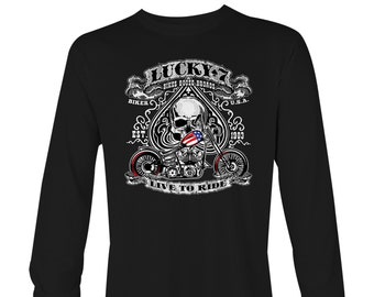 Lucky 7 - Unisex Long Sleeve T-Shirt - Motorcycle Biker Bikers Open Road Trip Buddies Gang Lifestyle Helmet Jacket Members
