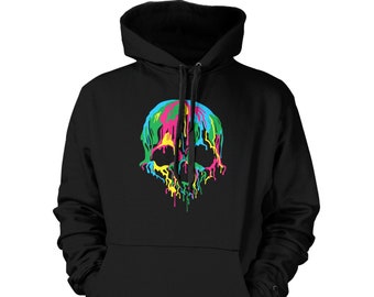 Melting Skull - Unisex Kapuzenpullover - Skeleton Melt Psychedelic Trippy Rave Music Festival Rainbow Wavy