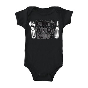 a baby bodysuit that says daddy's garage buddy