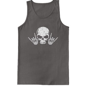 a tank top with a skull and two hands on it