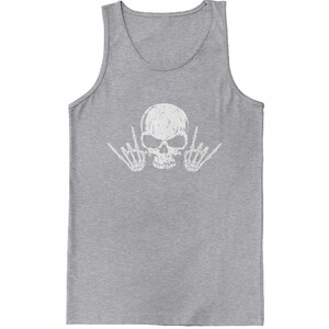 a gray tank top with a skull and two hands on it