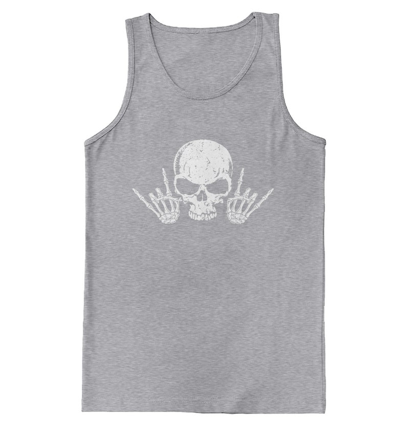 a gray tank top with a skull and two hands on it