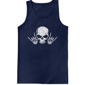a blue tank top with a skull and two hands on it