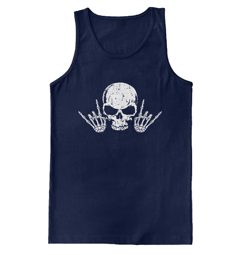 a blue tank top with a skull and two hands on it