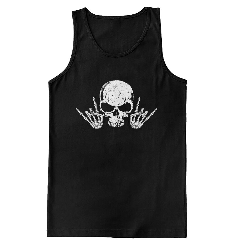 a black tank top with a skull and two hands on it
