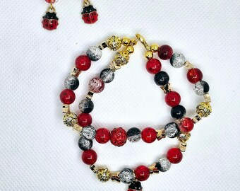 ladybird dangling earrings and Sparkling Gold Bracelet set