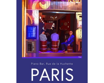 Puede incluir: Una pintura de un bar en París llamado "Piano Bar, Rue de la Huchette". El bar está tenuemente iluminado y hay algunas personas sentadas en mesas. El bar está decorado con un letrero de madera que dice "HICHA".