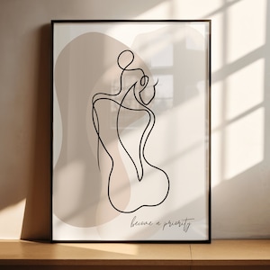May include: A black and white line drawing of a person with the text "become a priority" in cursive below the drawing. The drawing is on a white background with a light brown abstract shape behind the person.