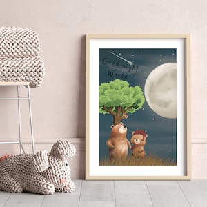 Nächtliche Bärenfamilie Poster - Gute Nacht Welt Mond & Sterne - Kinderzimmer Traumhafte Wandkunst - Kuschelnde Tiere Illustration Blau