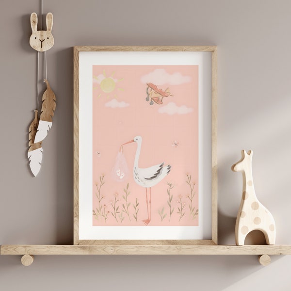 Zauberhafte Storch Baby Ankunft Poster - Rosa Kinderzimmer Wandkunst - Sanfte Pastell Dekoration - Sonniger Himmel & Blumen Illustration