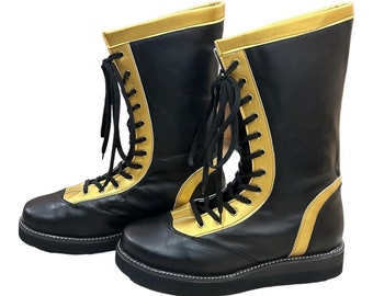 Wrestling Long Boots, 100% Original Leather, Black & Gold Color Stripe, Handmade, Customizable