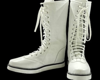Wrestling Boots, Long White Color Shoes, 100% Genuine Leather, Handmade, Lace-up style