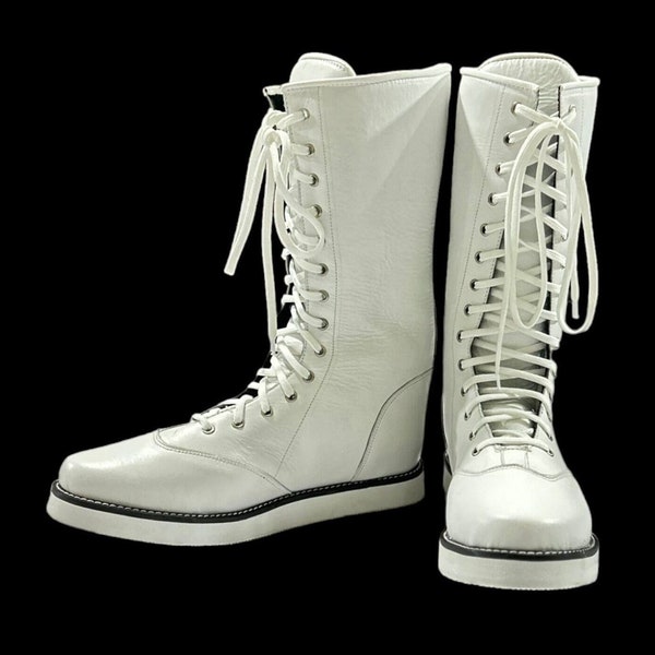 Wrestling Boots, Long White Color Shoes, 100% Genuine Leather, Handmade, Lace-up style
