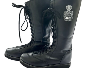 Wrestling Long Boots with Customized Logo Outer-side, Lace-up style, Black Color, Handmade, 100% Genuine Leather