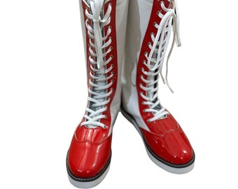 Wrestling Long Shoes, Handmade, 100% Original Leather, White and Red Color, Lace-up Style, Customizable