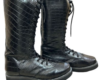 Pro Wrestling Long Boots, Handgemaakte lederen schoenen, 100% echt leer, Zwarte textuurstijl, Aanpasbaar, Lace-up stijl