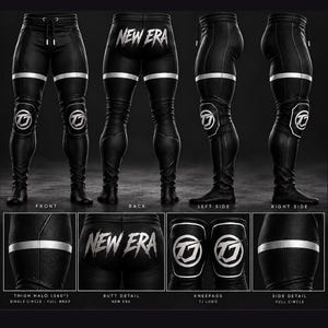 May include: Black athletic pants featuring a drawstring waist, a horizontal reflective thigh stripe, and knee pads with a white TJ logo. The back displays the text NEW ERA in white. Detailed views show the 360-degree thigh stripe and knee pad design.