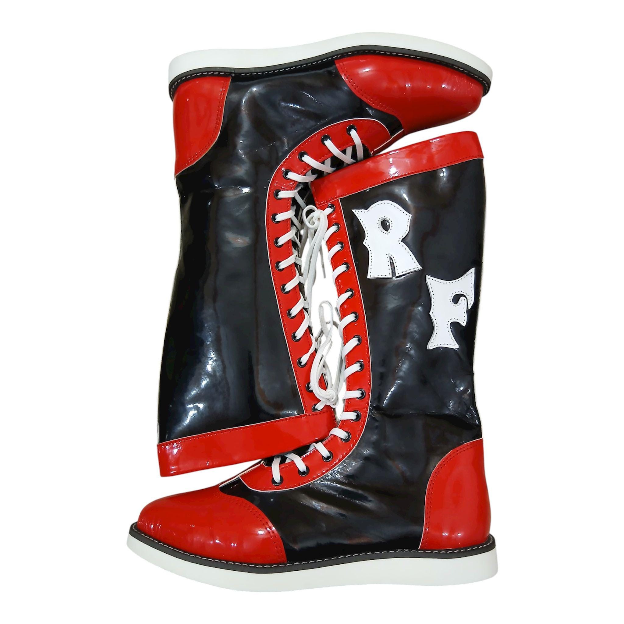 RF Pro Wrestling Long Shoes, Handmade, 100% Original Leather, Black and Red Color
