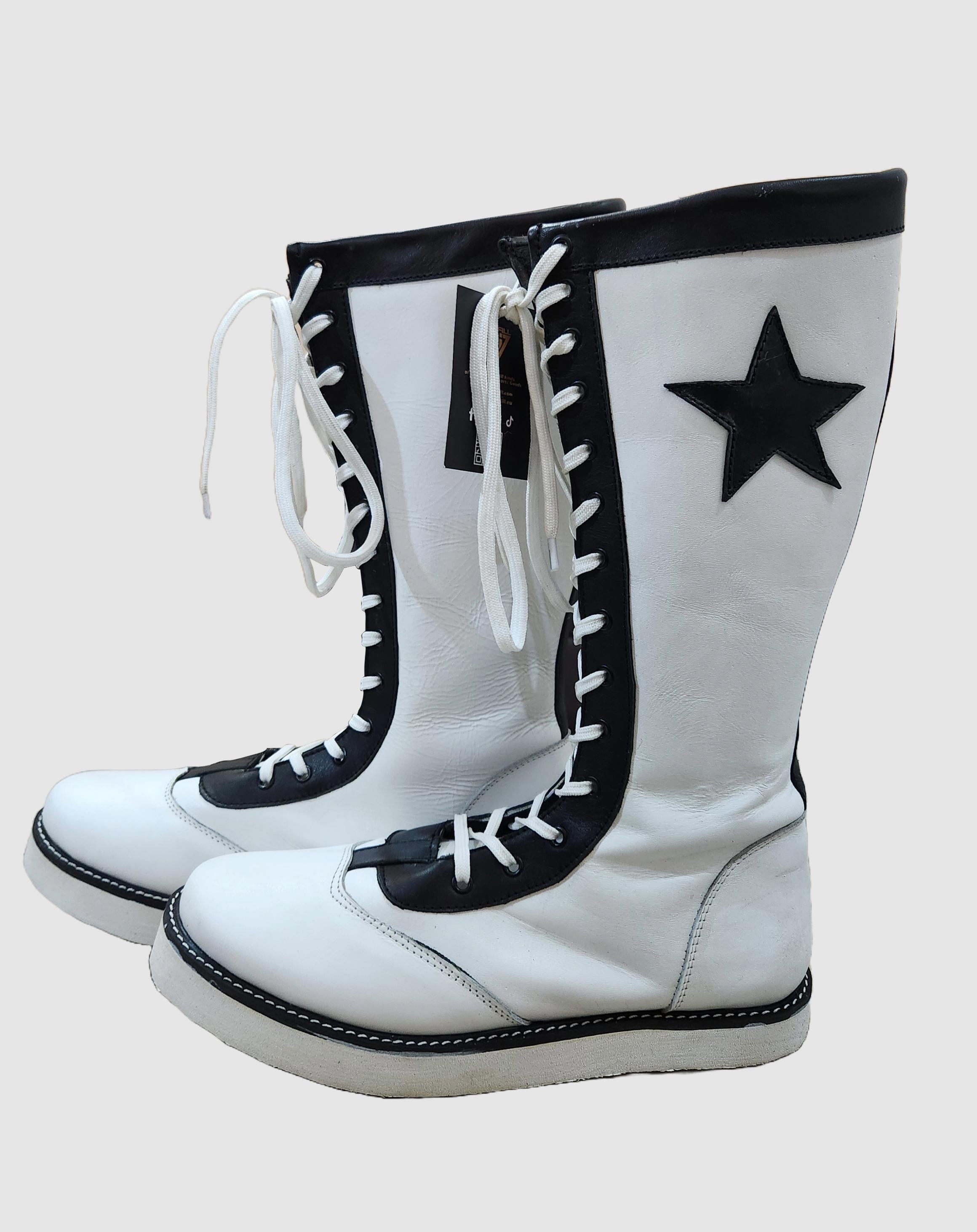 Pro Wrestling Star Boots, Handmade, 100% Original Leather - Customizable, Lace-Up Style in White & Black