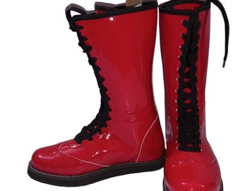 Bottes longues de lutte professionnelle, faites main, cuir verni DX de haute qualité, couleur rouge, semelle légère, idéales pour les lutteurs