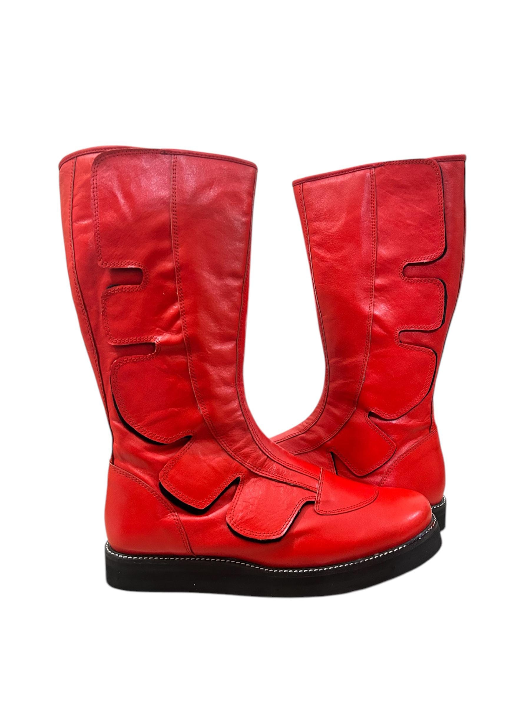 Red Patent Leather Men\'s Pro Wrestling Costume Knee High Boots Pro Wrestling Boots, Handmade, 100% Pure Leather, Hook and  main image 2
