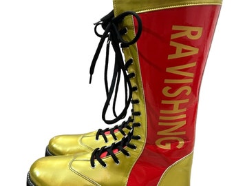 Pro Wrestling Lange Stiefel, handgefertigte Lederschuhe, 100 % echtes Leder, golden und rot, anpassbarer Name, Schnürstil