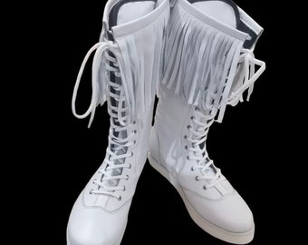 Pro Wrestling Long Boots with Leather Fringes , Handmade, 100% Original Leather, Lace-up style, Customize any Design, White Color
