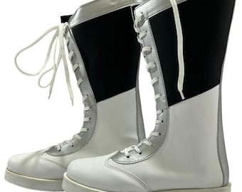 Pro wrestling Long Boots, Handmade, 100% Original Leather, Black white and Silver color, Customize any size and design