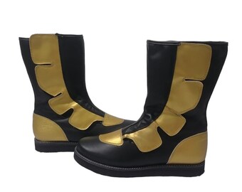 Wrestling Long Boots, Hook and Loop style, Black and Golden Color, 100% original Leather, Handmade, Customizable