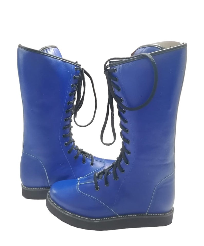 Wrestling Long Boots, 100% Original Leather, Blue Color, Handmade, Customizable image 5