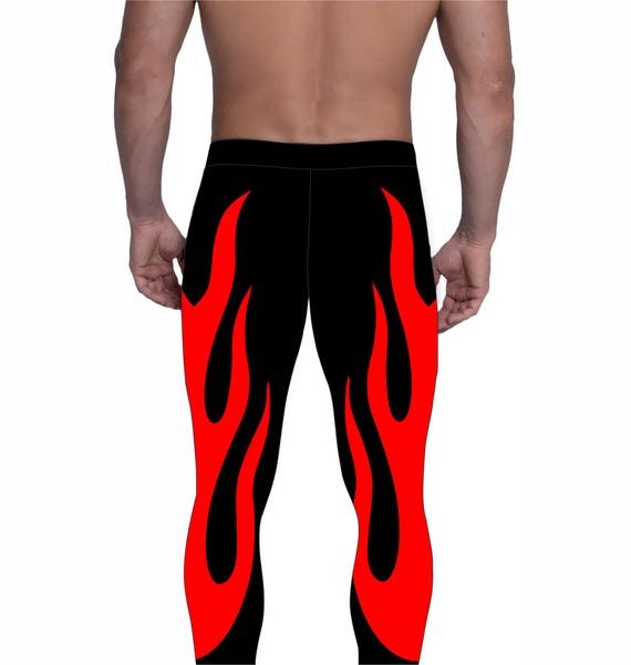 Men's Pro Wrestling Tights: Black & Red Fire Style, Customizable